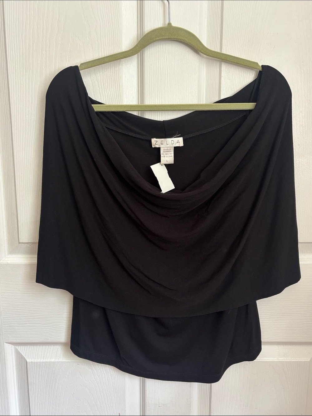 New Zelda Black Draped Cape Cowl Neck blouse sz Large draped lightweight stretch